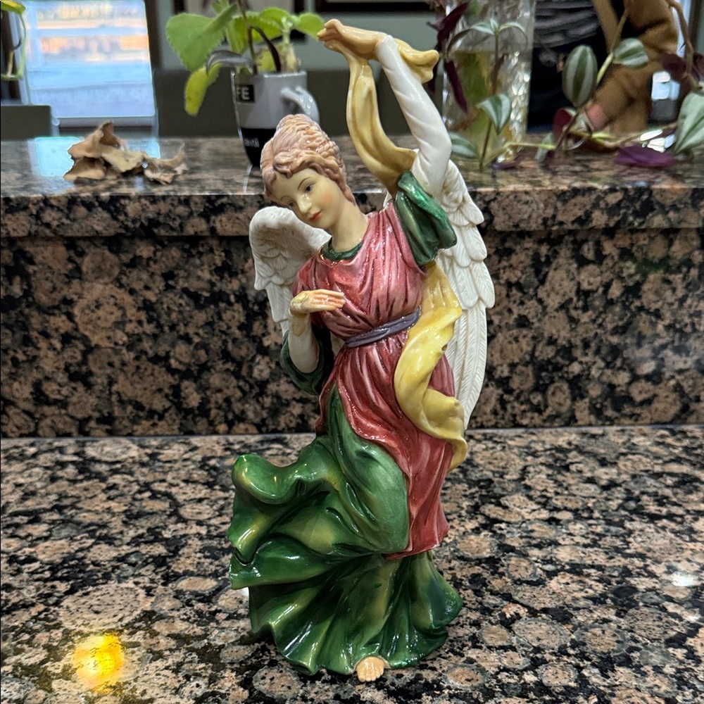Graceful Ceramic Angel Figurine - Green and Pink